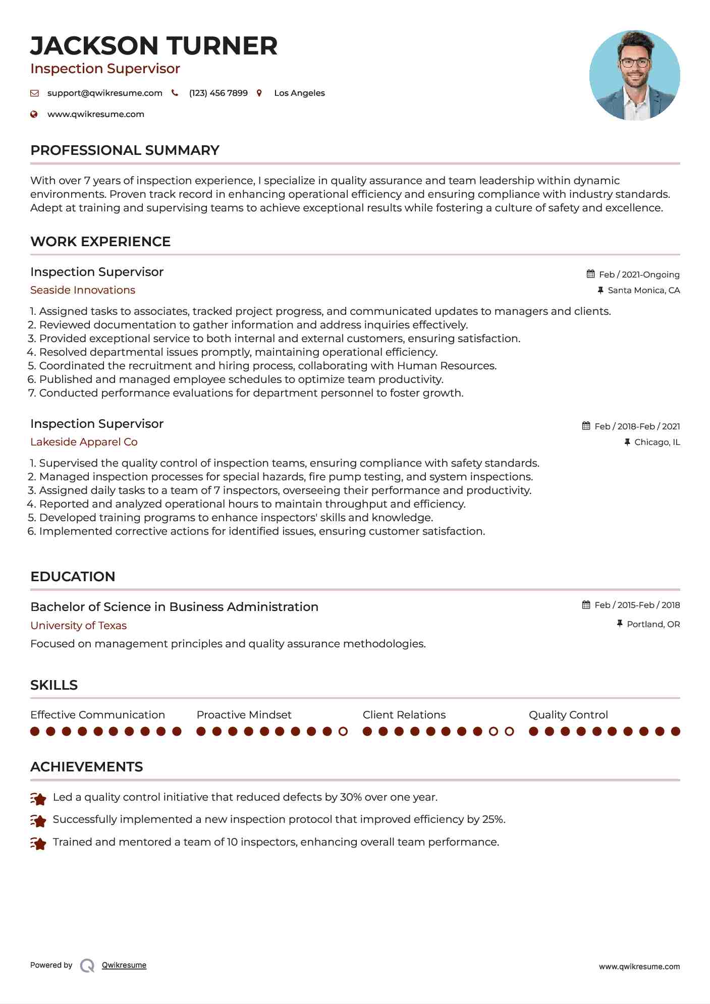 Inspection Supervisor Resume Example