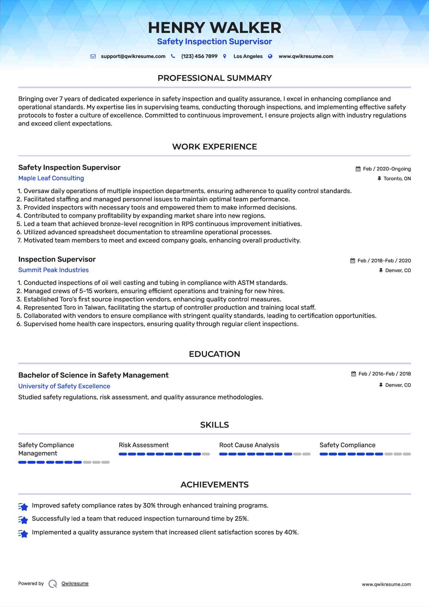 Safety Inspection Supervisor Resume Model