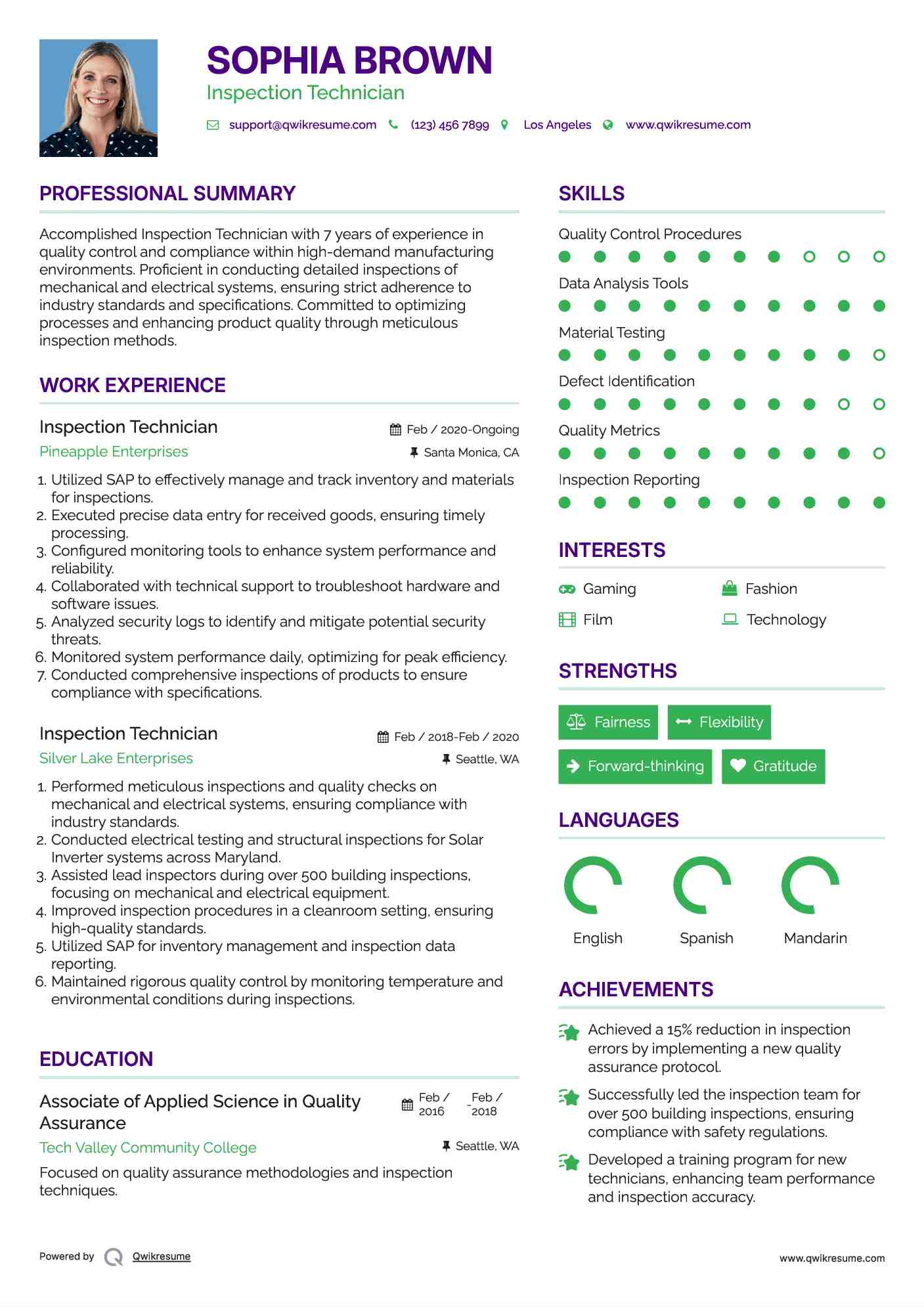 Inspection Technician Resume Model