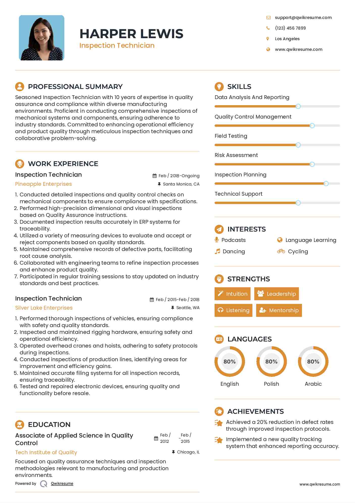 Inspection Technician Resume Model