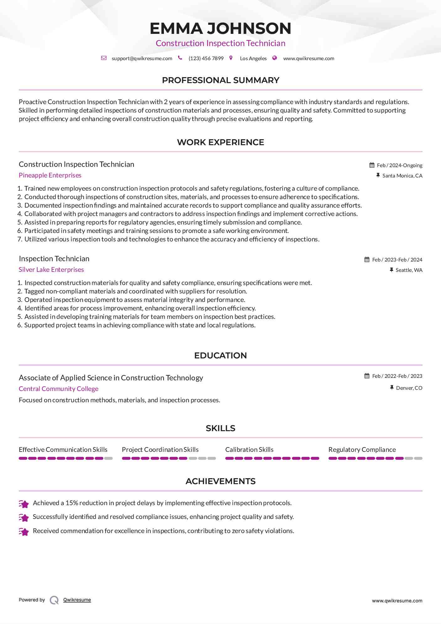 Construction Inspection Technician Resume Template