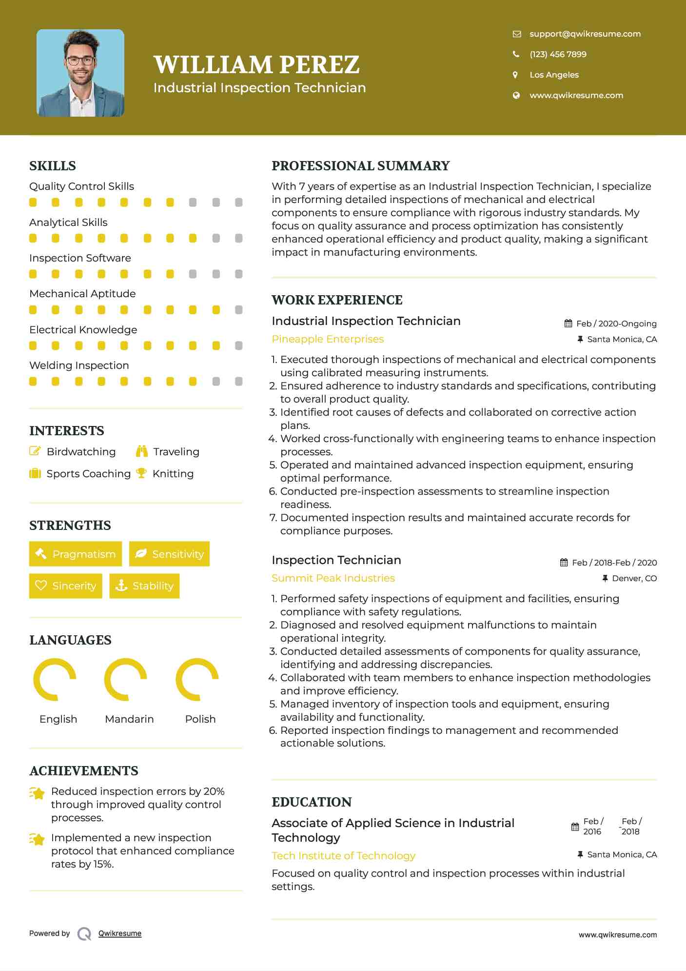 Industrial Inspection Technician Resume Model