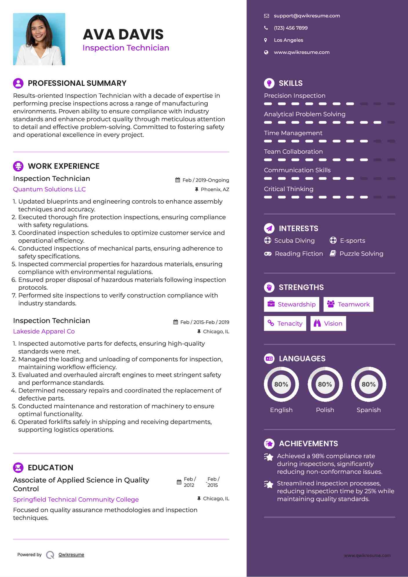 Inspection Technician Resume Example