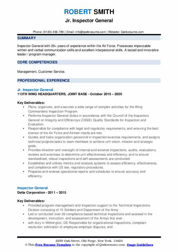 Inspector General Resume Samples QwikResume