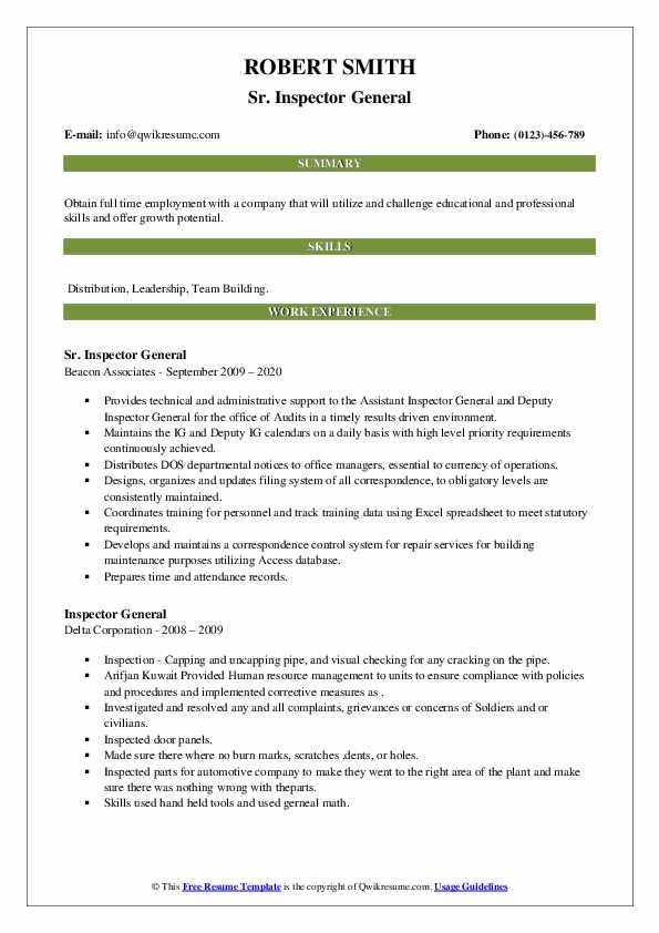Inspector General Resume Samples QwikResume