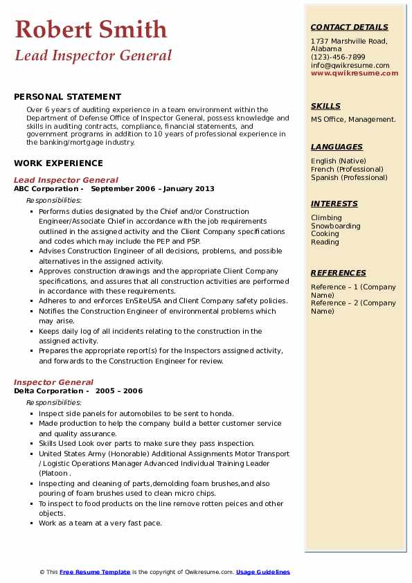 Inspector General Resume Samples QwikResume