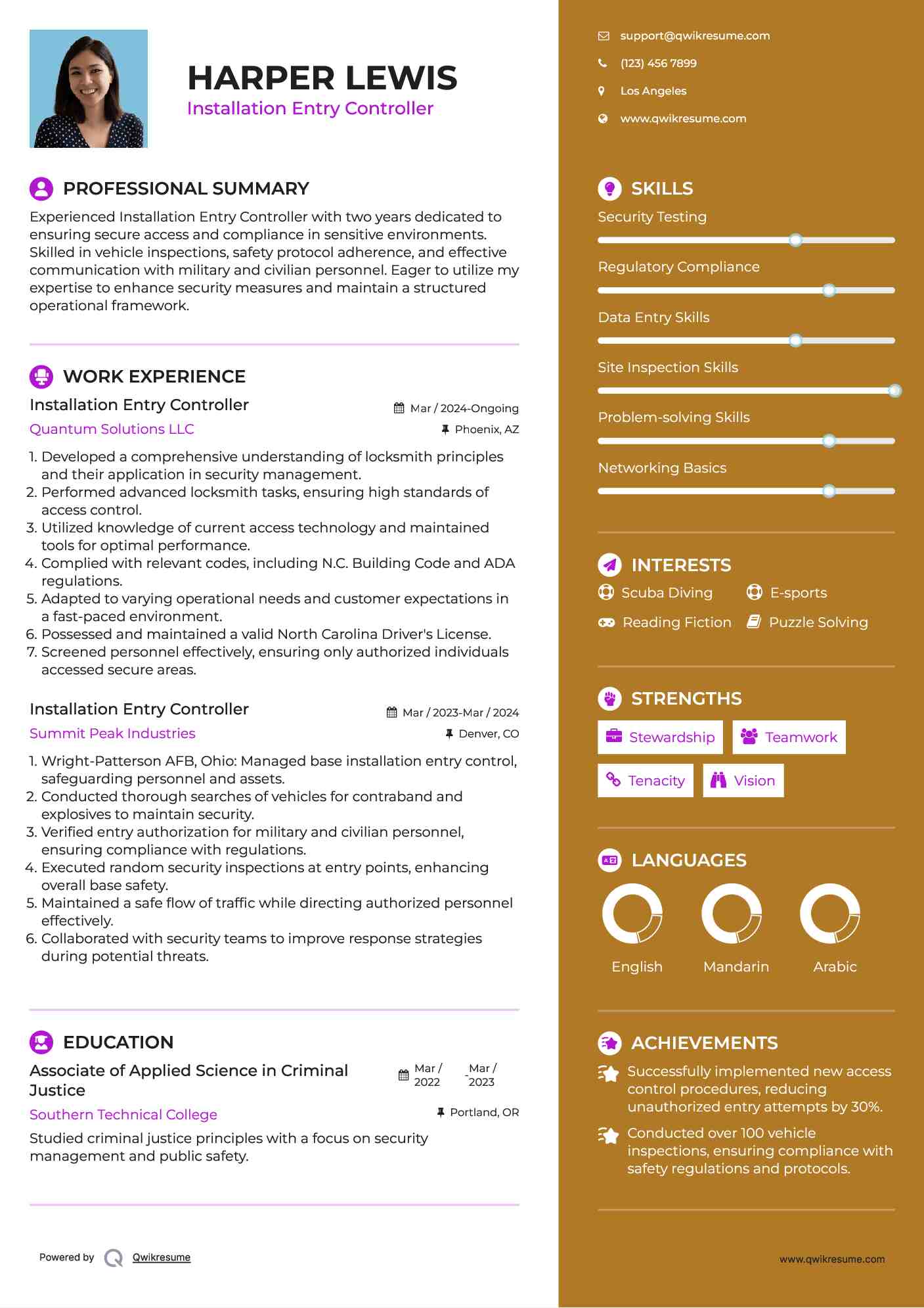 Installation Entry Controller Resume Template