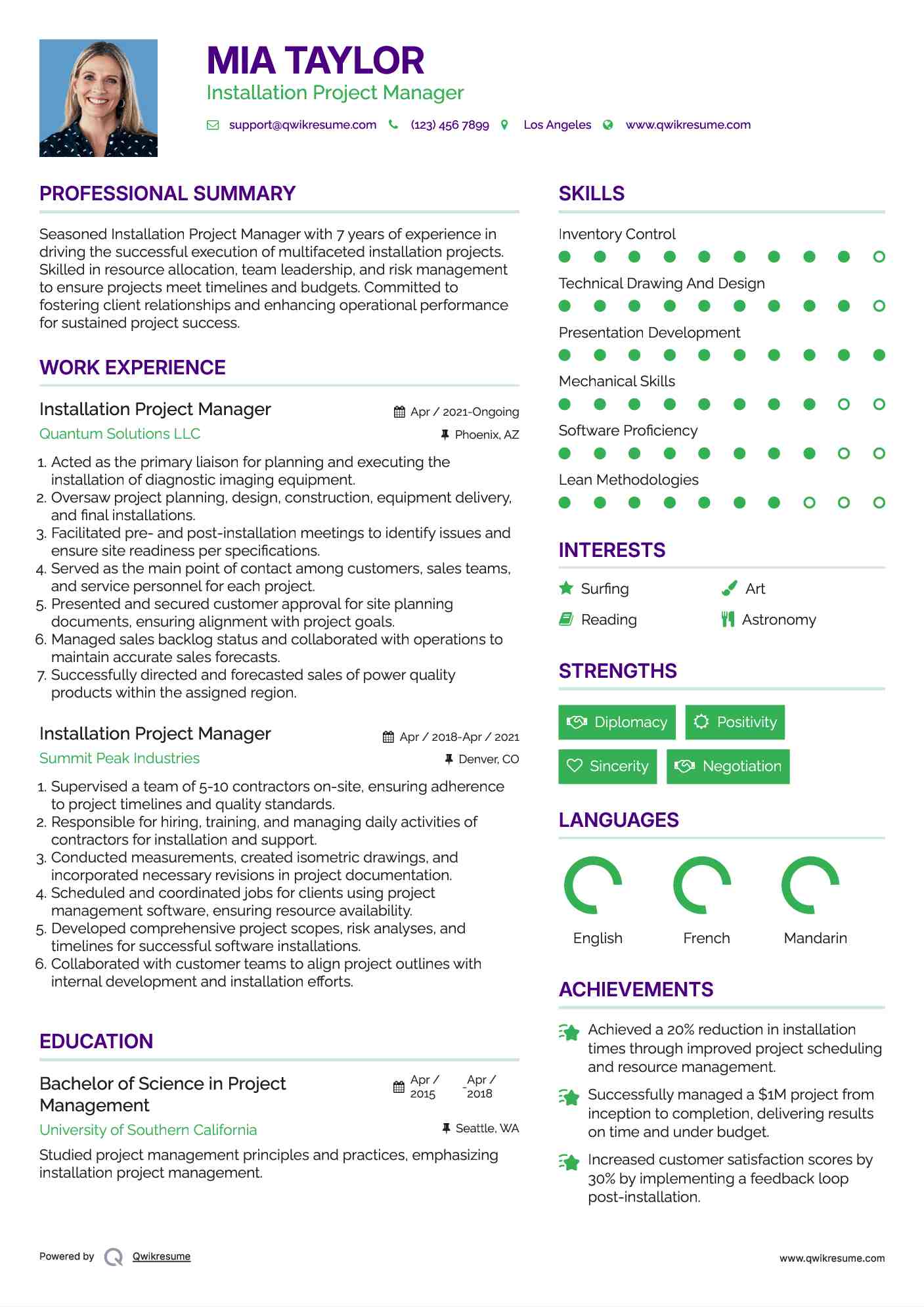 Installation Project Manager Resume Sample