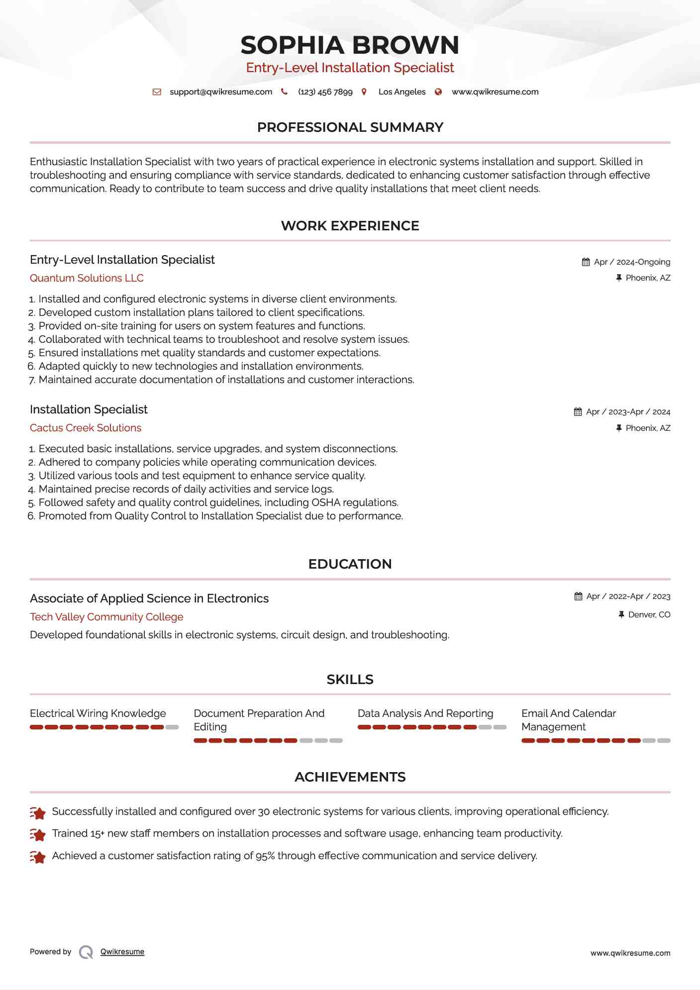 Entry-Level Installation Specialist Resume Sample