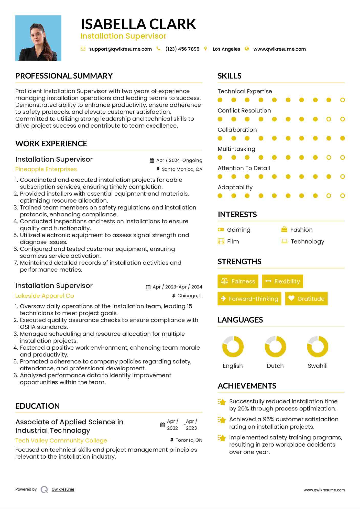 Installation Supervisor Resume Example