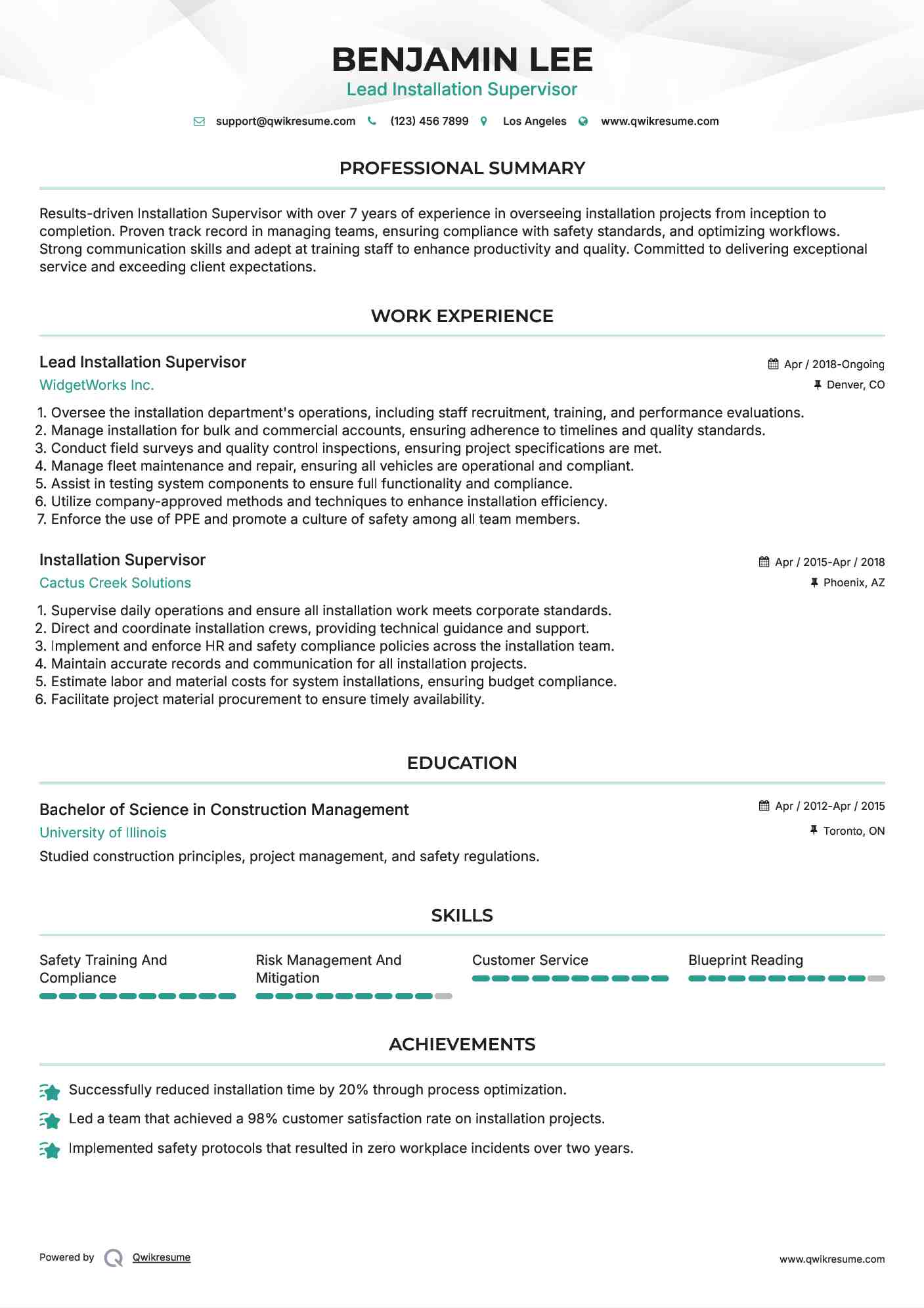 Lead Installation Supervisor Resume Model