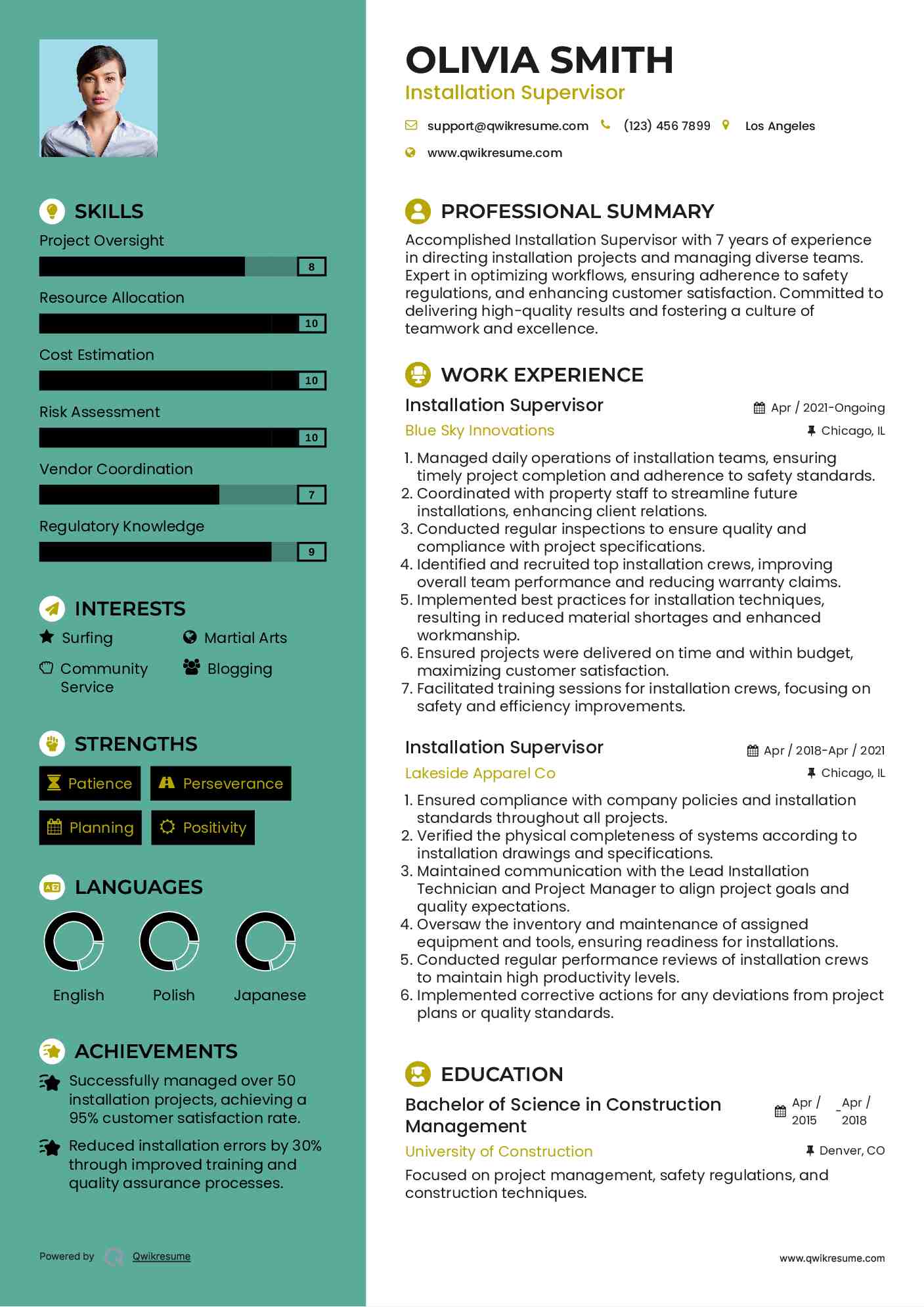 Installation Supervisor Resume Sample