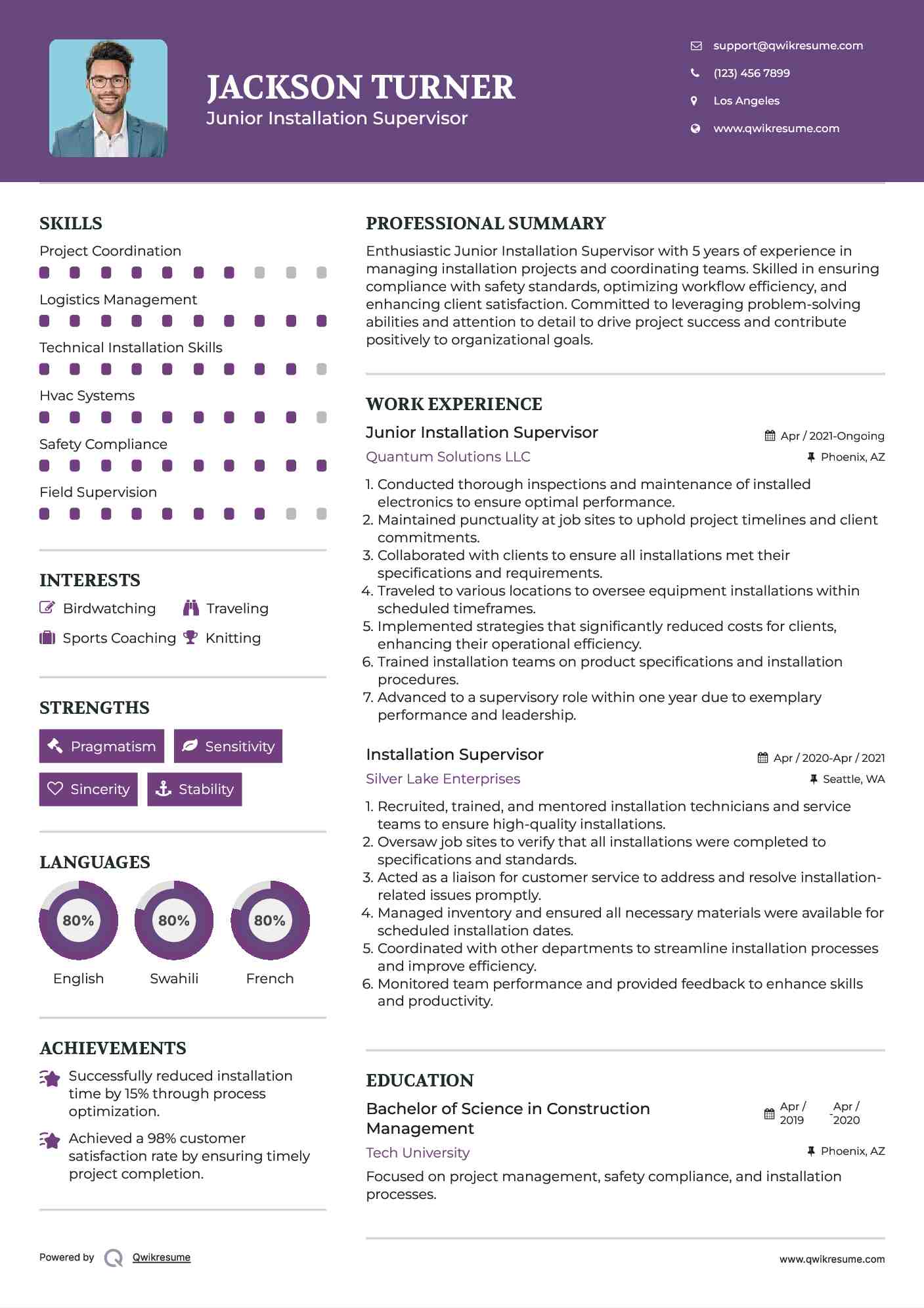 Junior Installation Supervisor Resume Template