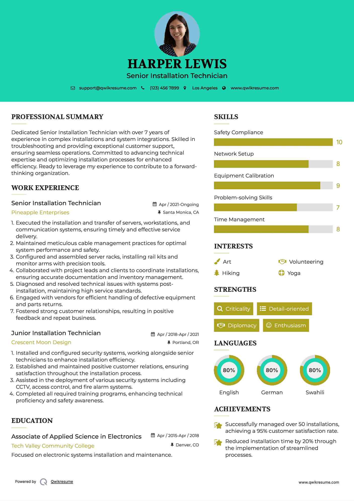 Installation Technician Resume Samples QwikResume