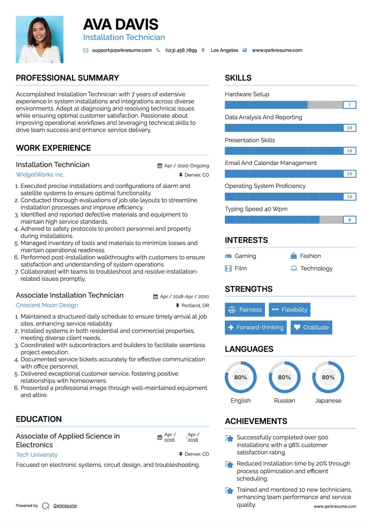 Installation Technician Resume Example
