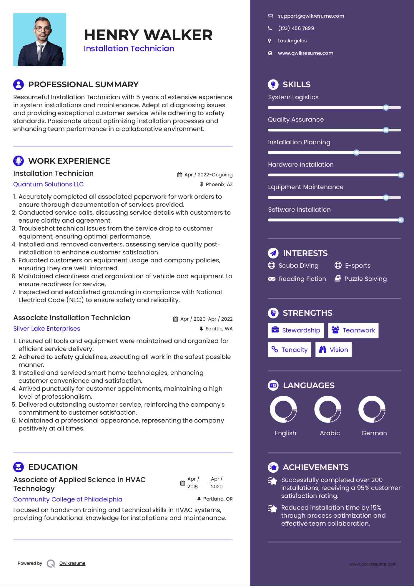 Installation Technician Resume Sample