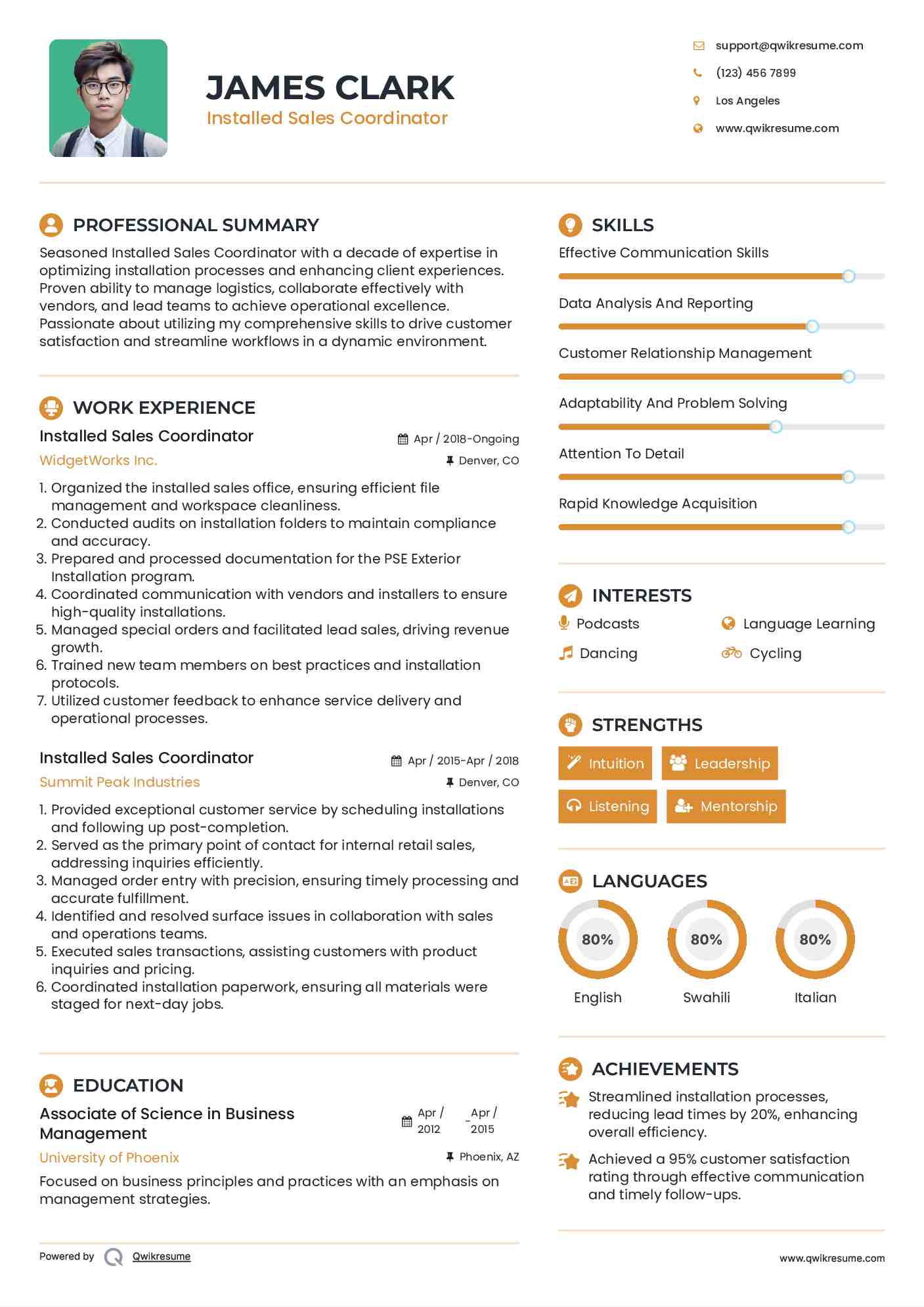 Installed Sales Coordinator Resume Example