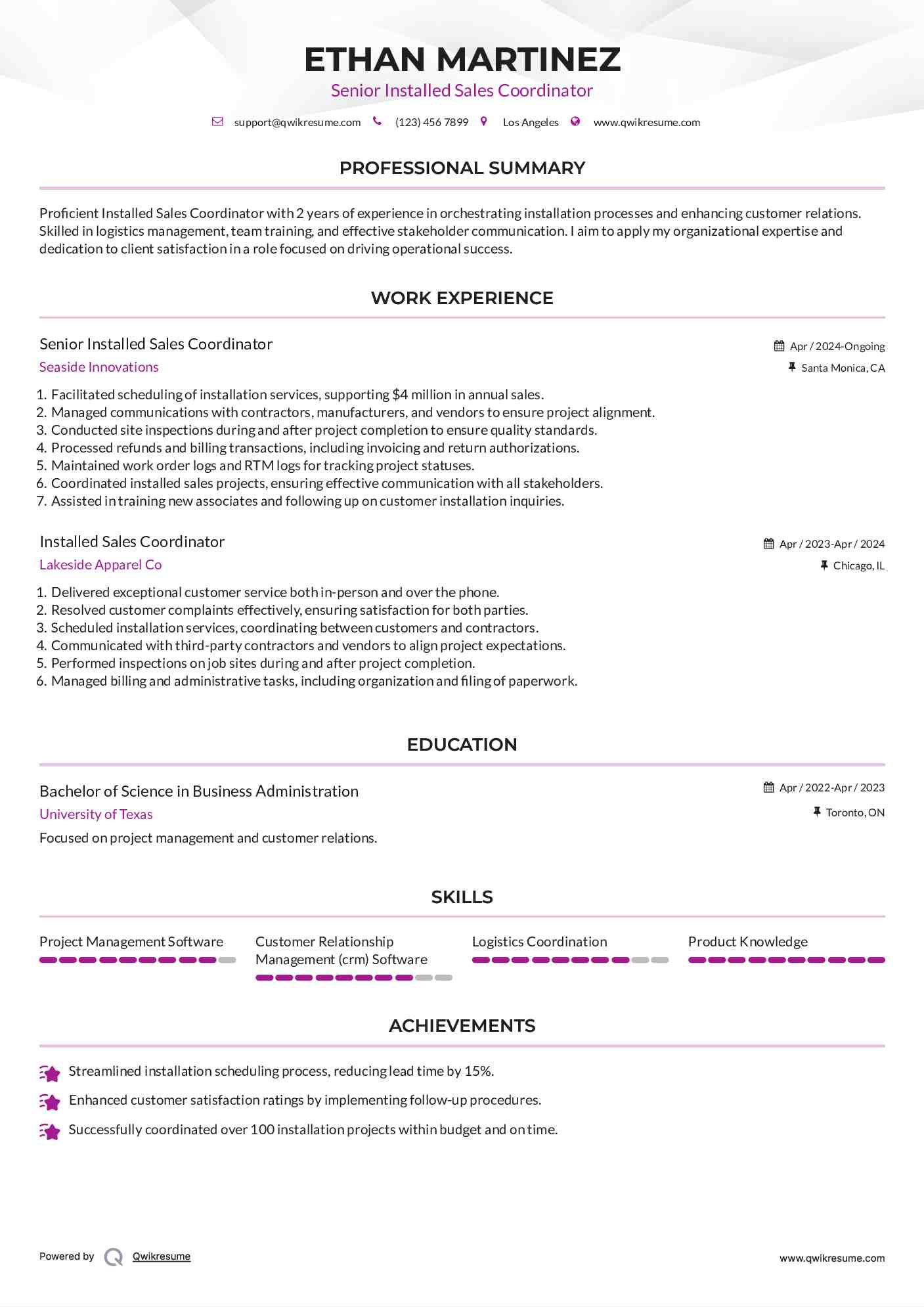 Senior Installed Sales Coordinator Resume Template