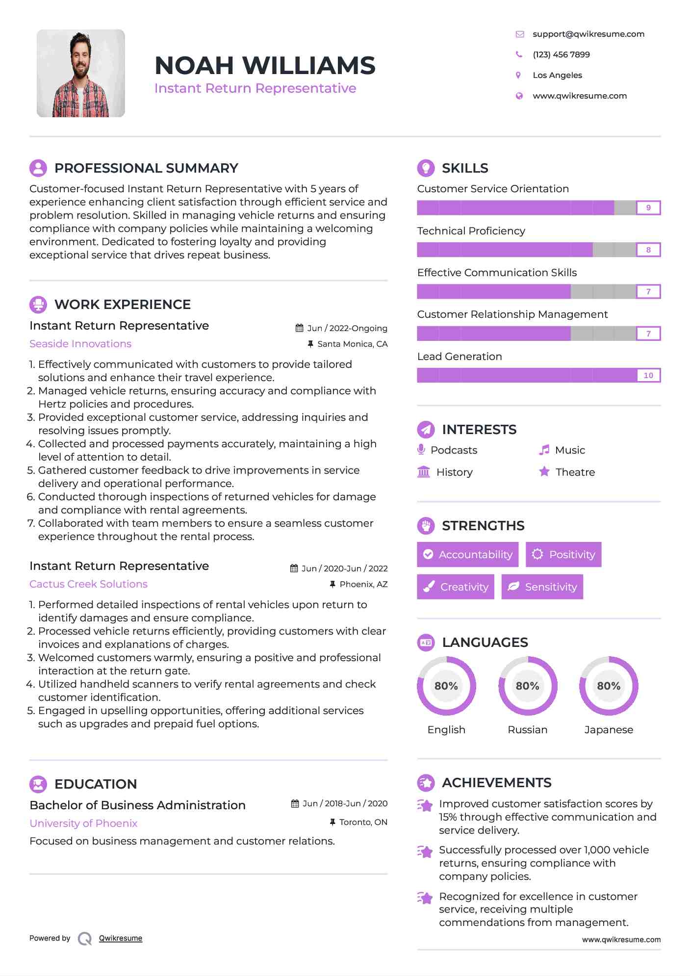Instant Return Representative Resume Model