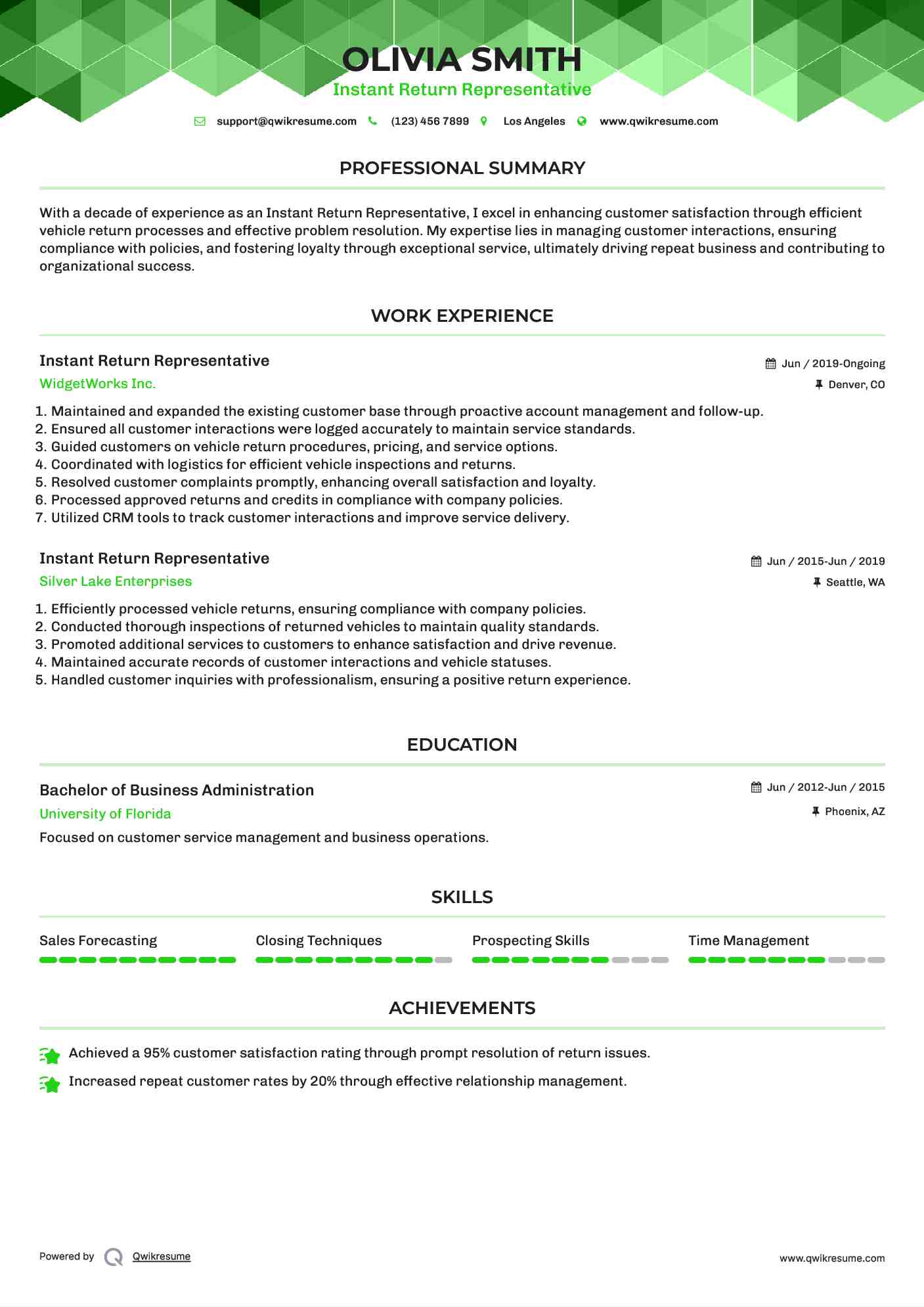 Instant Return Representative Resume Template