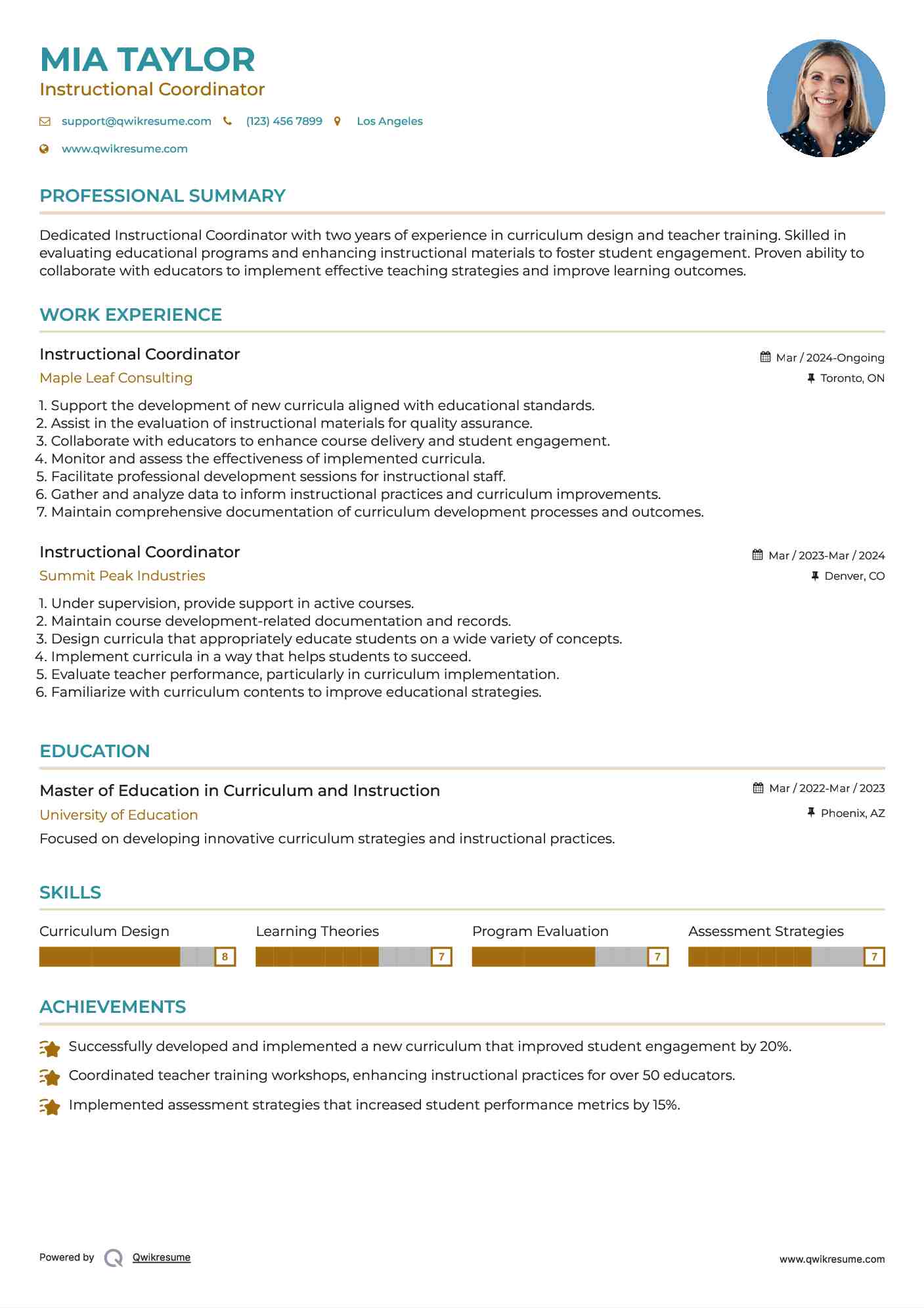 Instructional Coordinator Resume Format