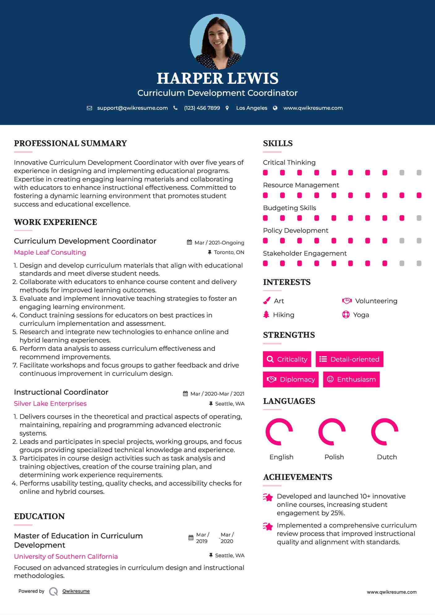 Curriculum Development Coordinator Resume Example