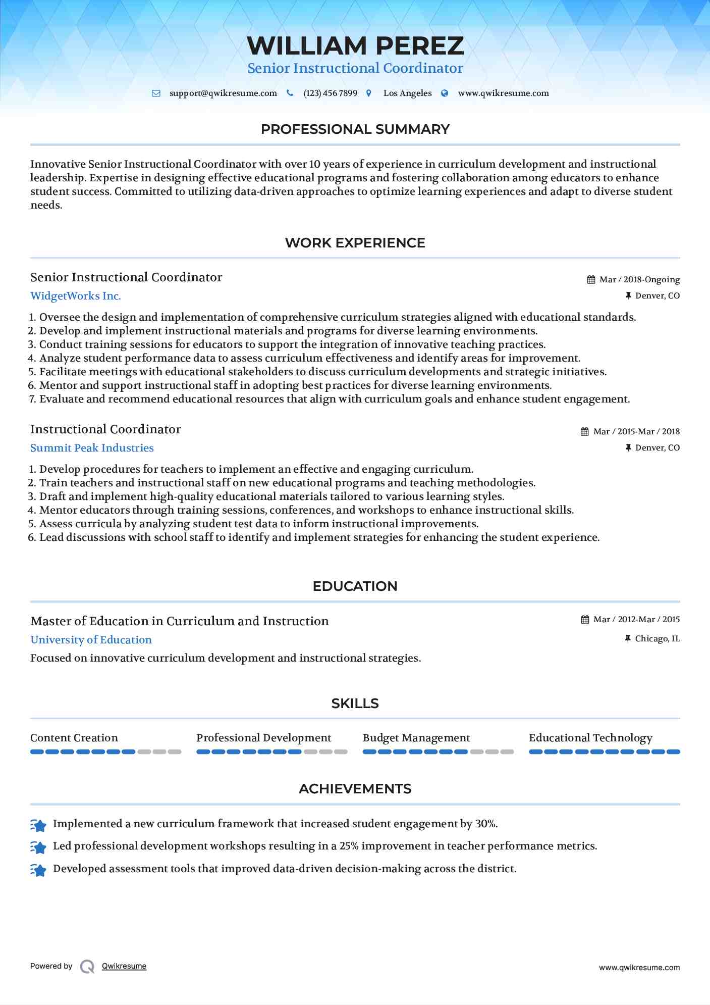Senior Instructional Coordinator Resume Template