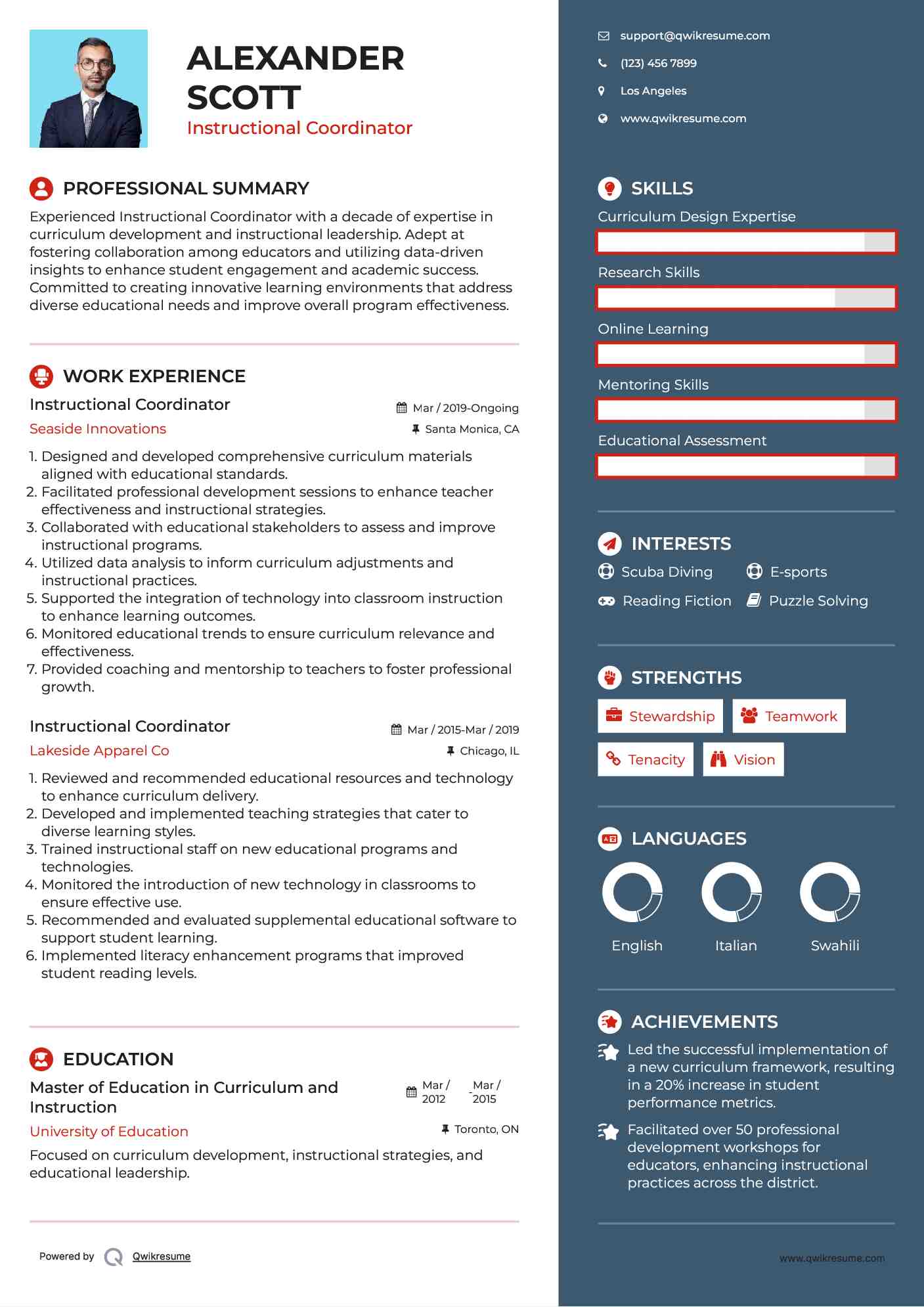 Instructional Coordinator Resume Sample