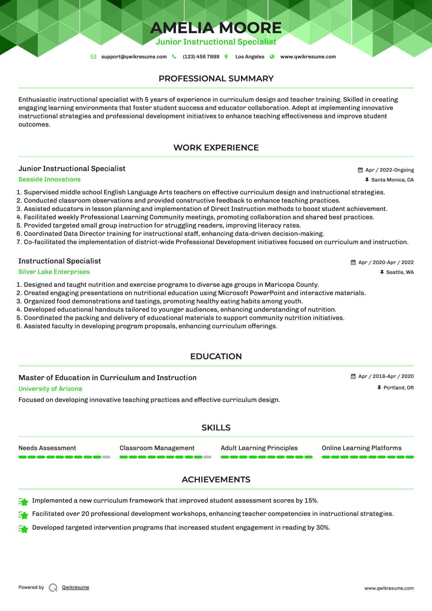 Junior Instructional Specialist Resume Template