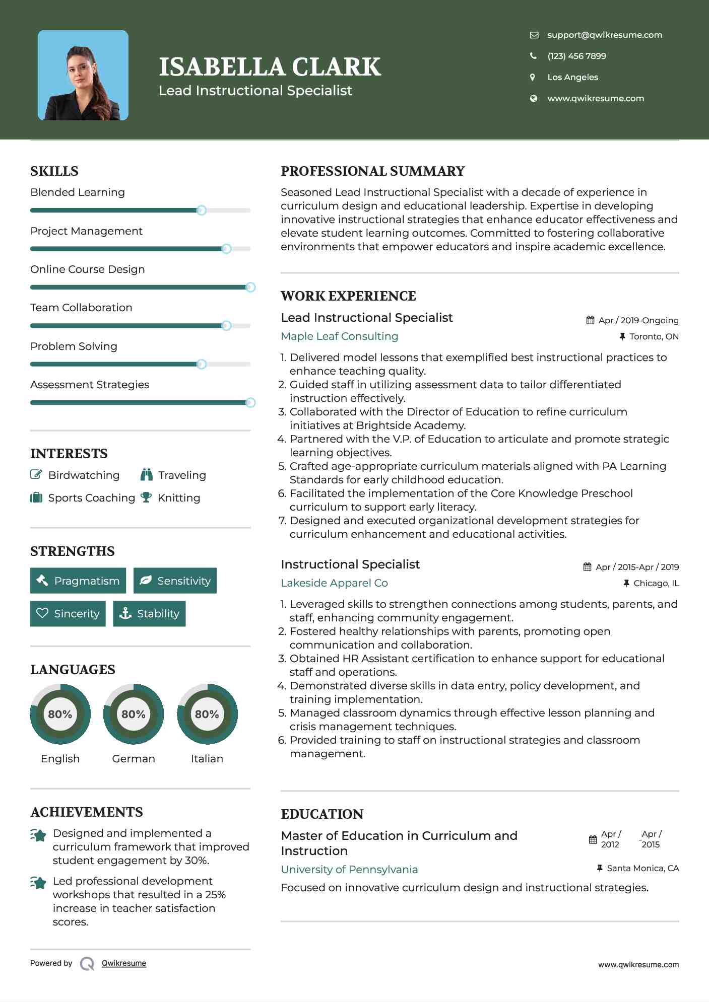 Lead Instructional Specialist Resume Sample