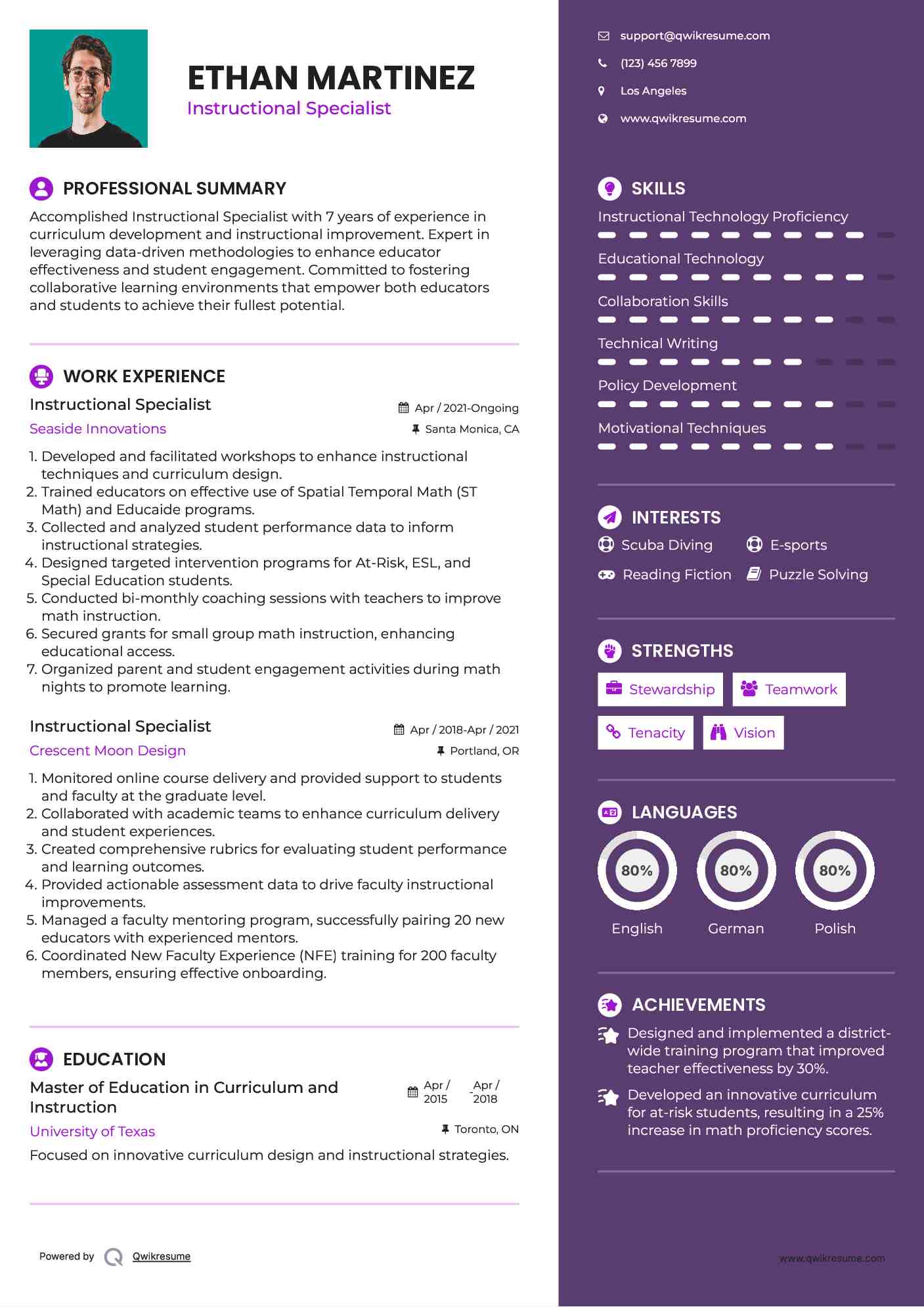 Instructional Specialist Resume Sample