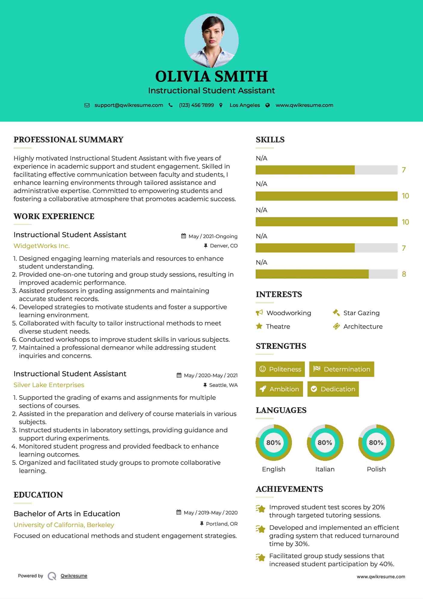 Instructional Student Assistant Resume Model