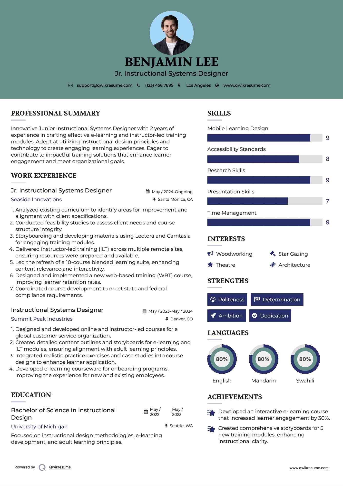 Jr. Instructional Systems Designer Resume Format