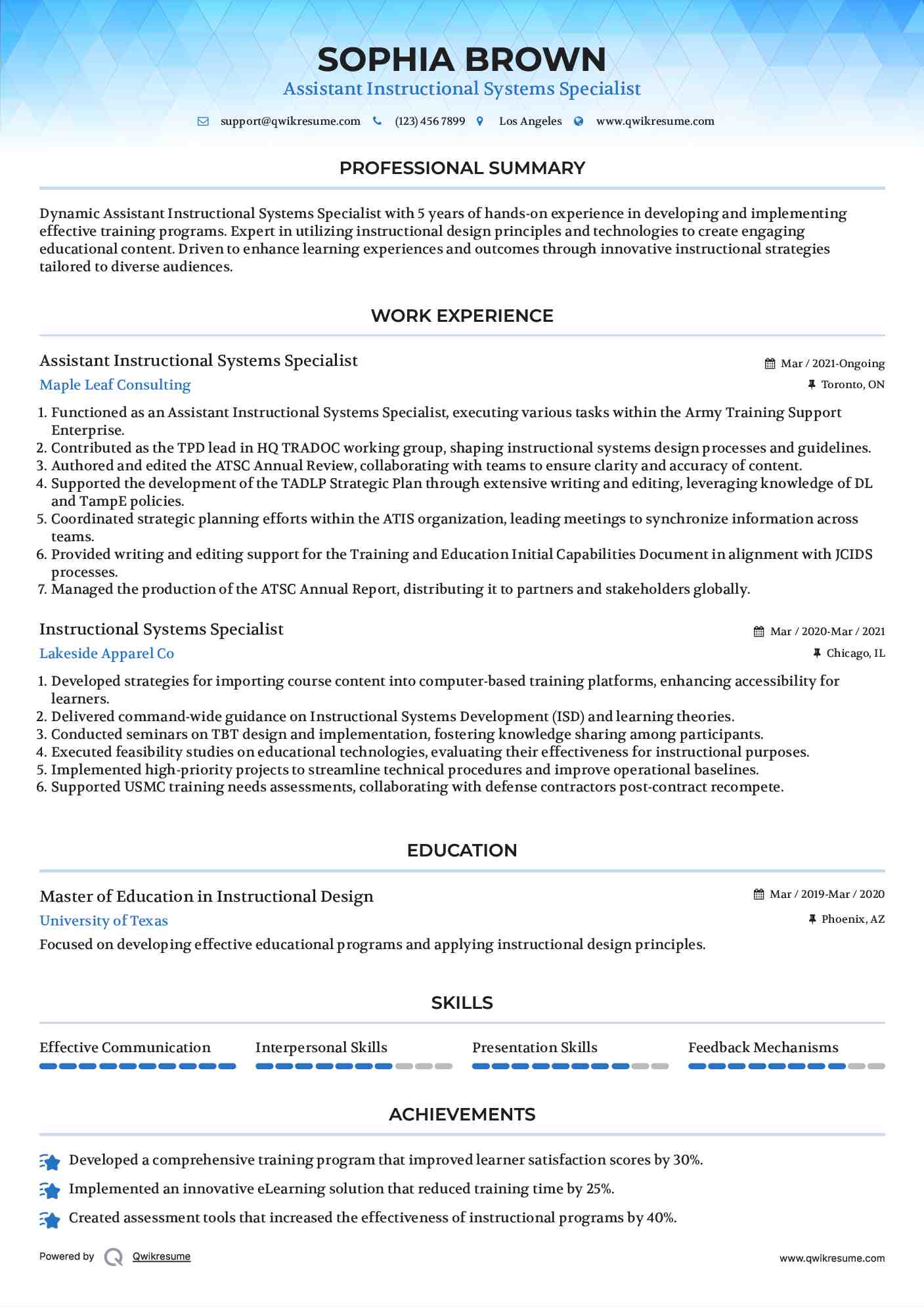 Assistant Instructional Systems Specialist Resume Format
