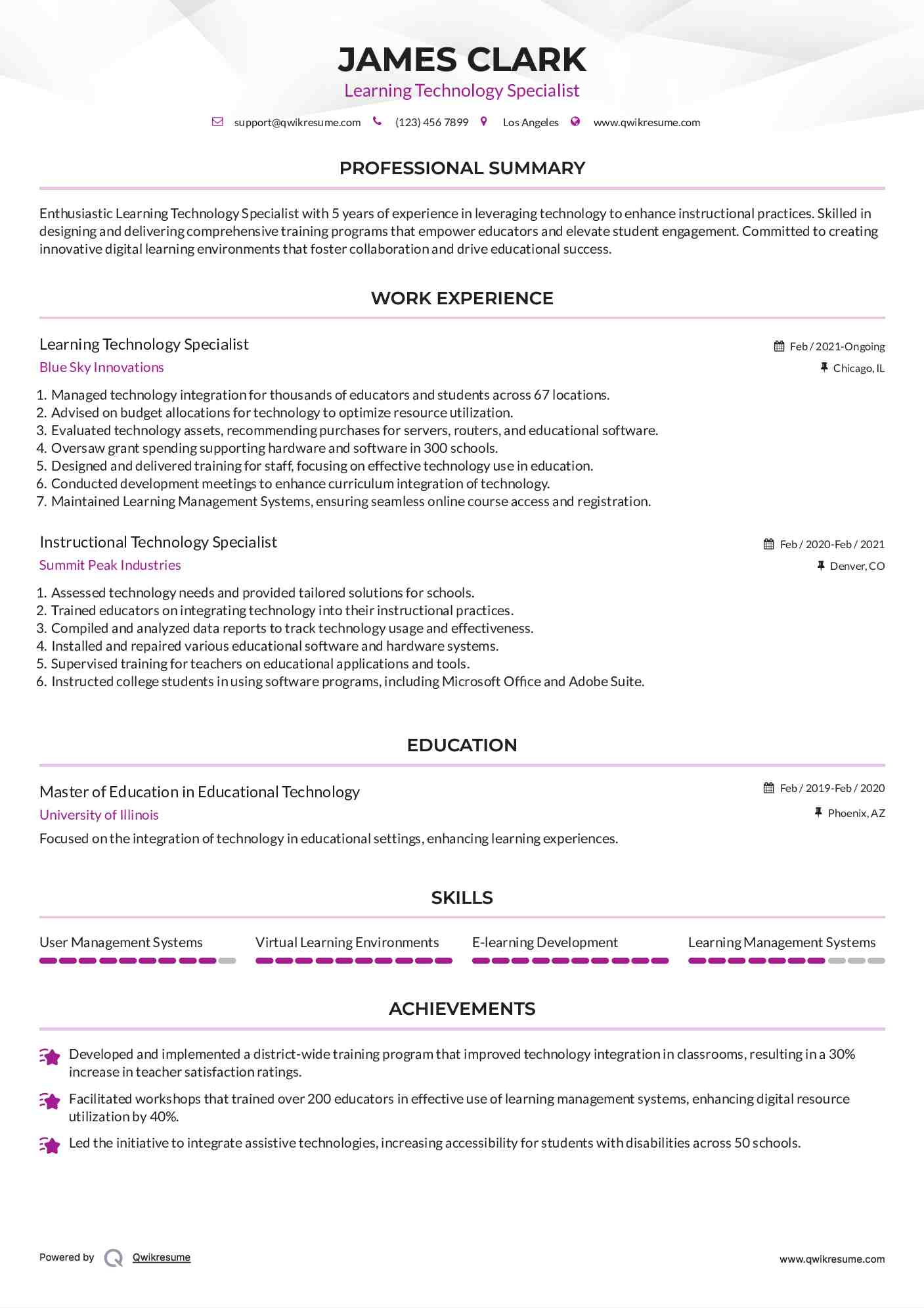Learning Technology Specialist Resume Model