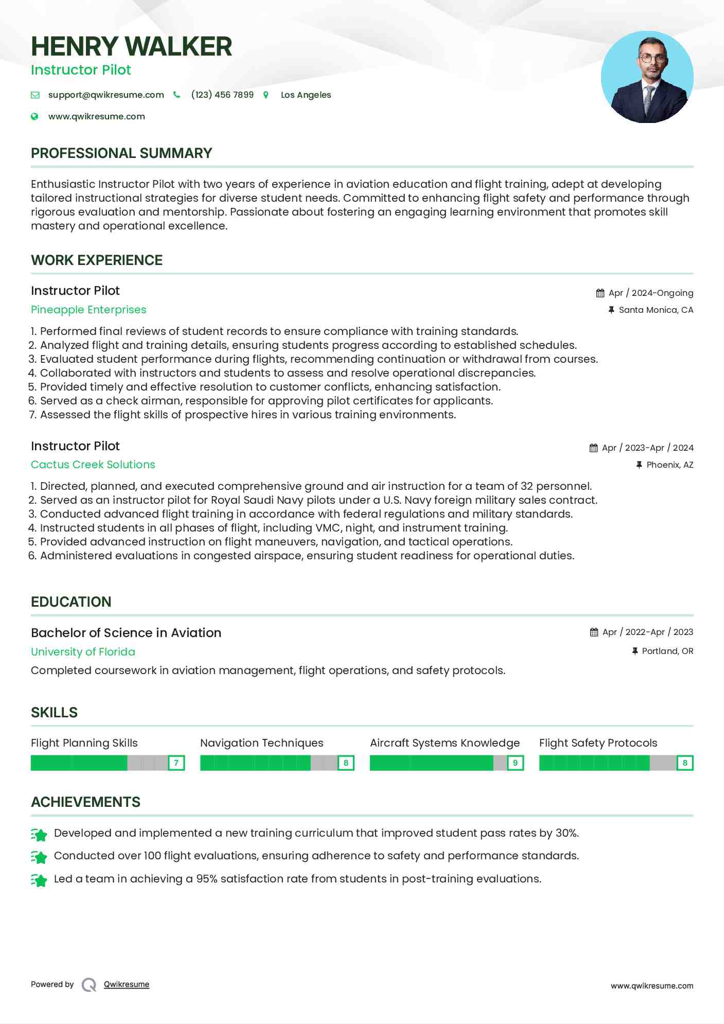 Instructor Pilot Resume Sample