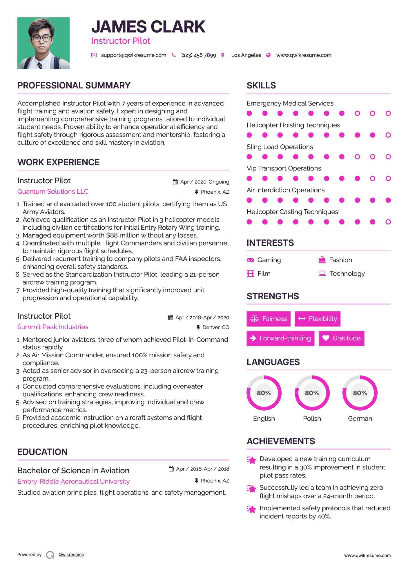 Instructor Pilot Resume Example