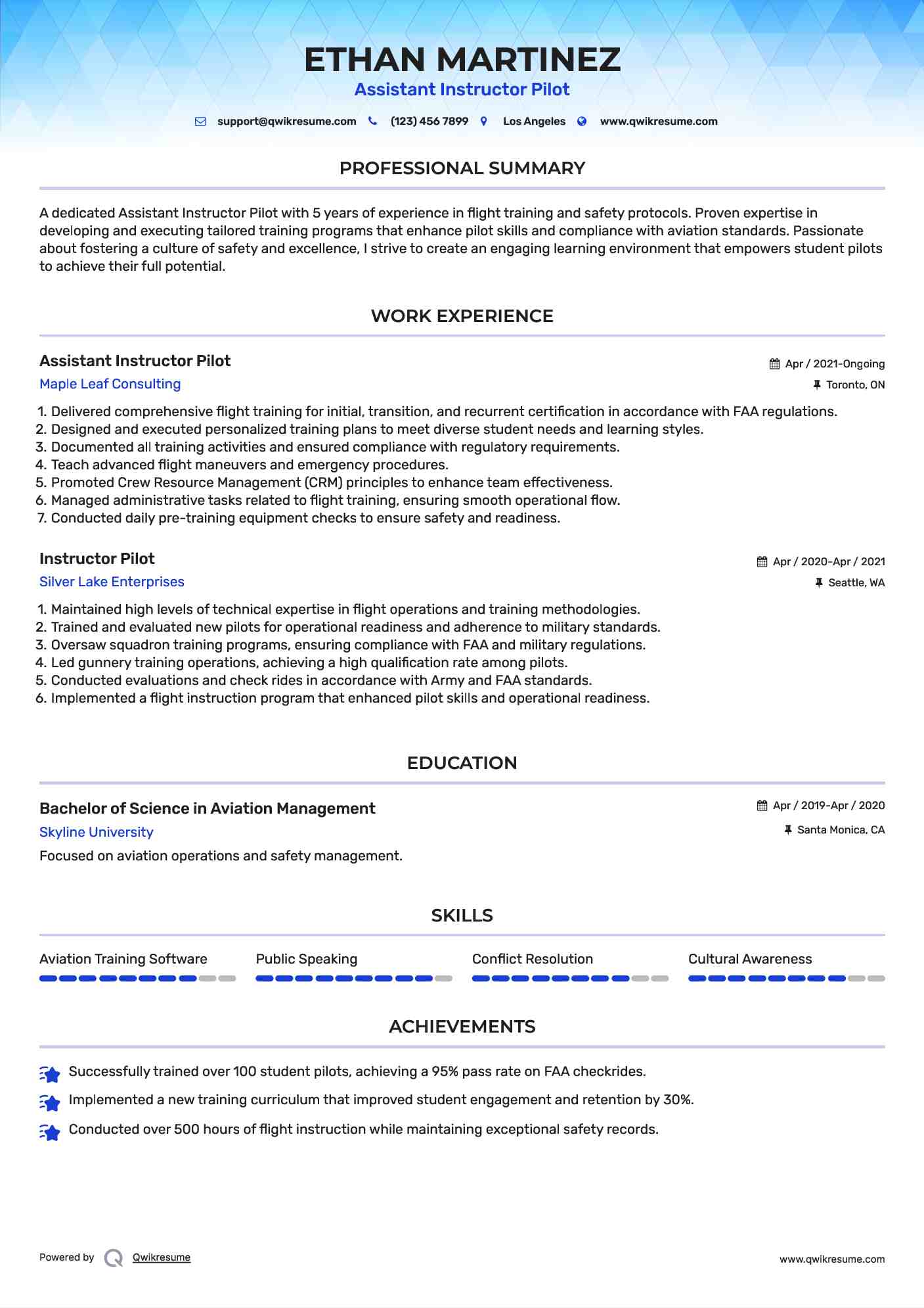 Assistant Instructor Pilot Resume Example