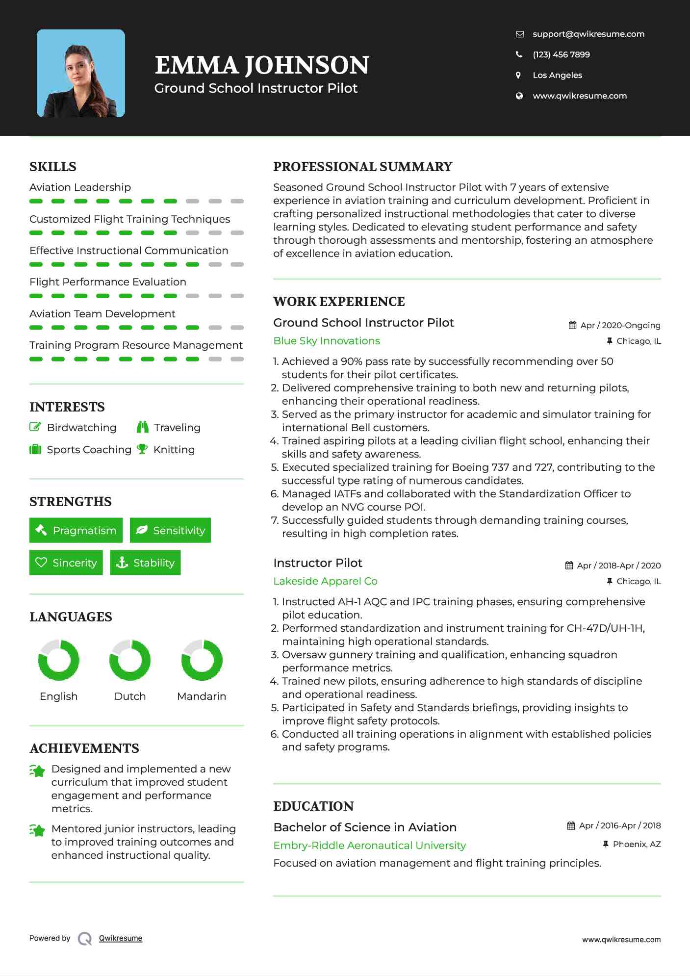Ground School Instructor Pilot Resume Example