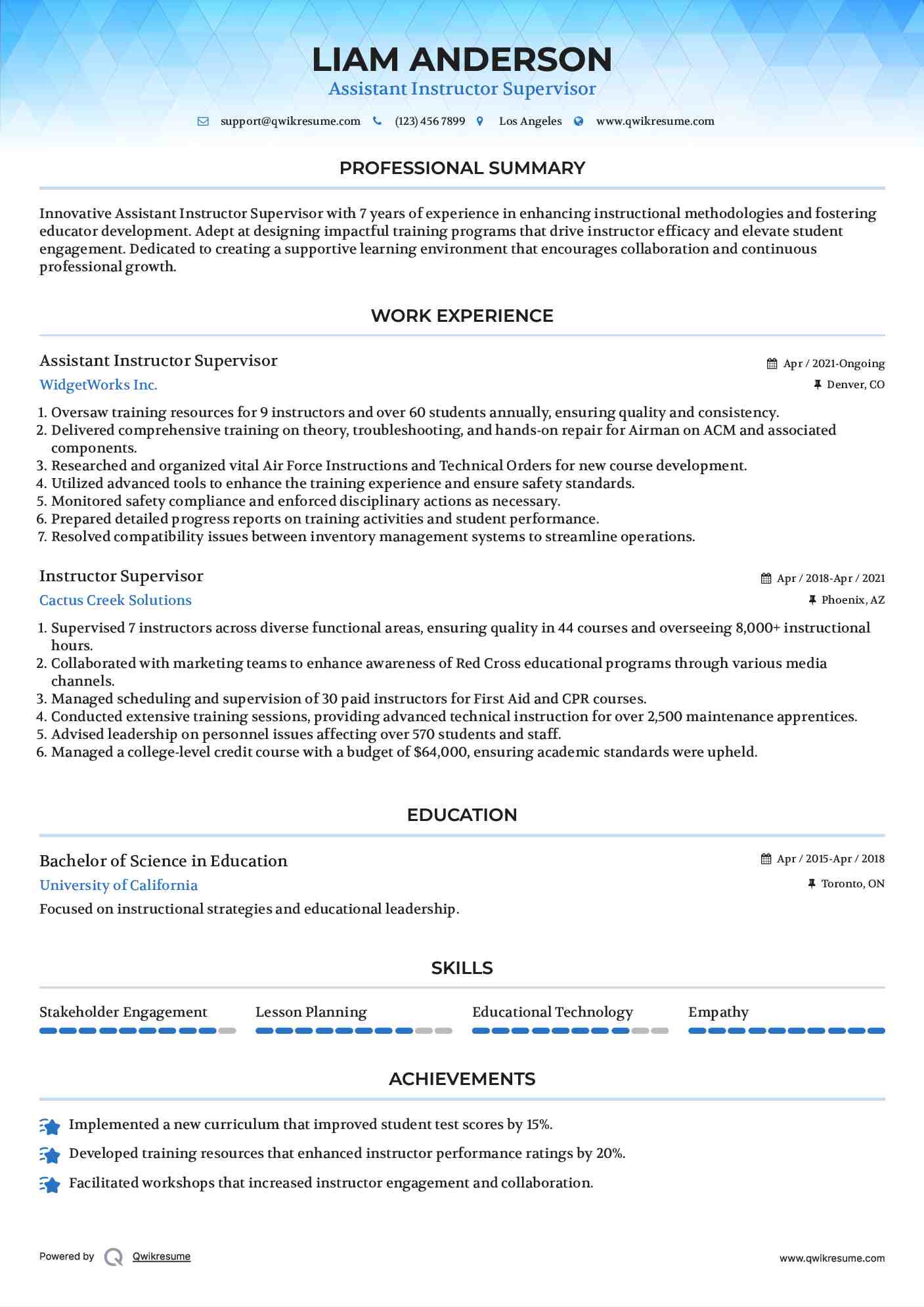 Assistant Instructor Supervisor Resume Template