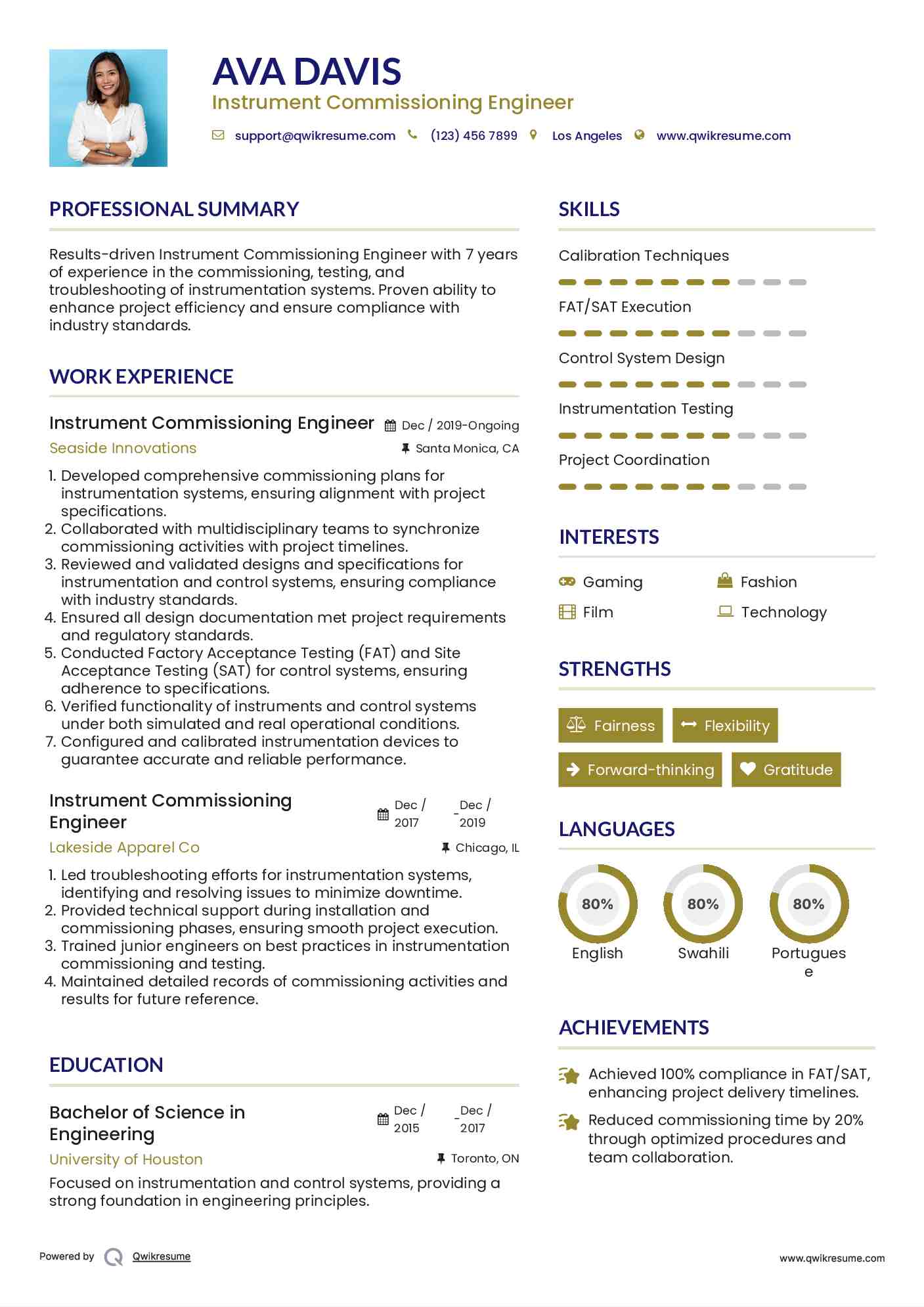 Instrument Commissioning Engineer Resume Example