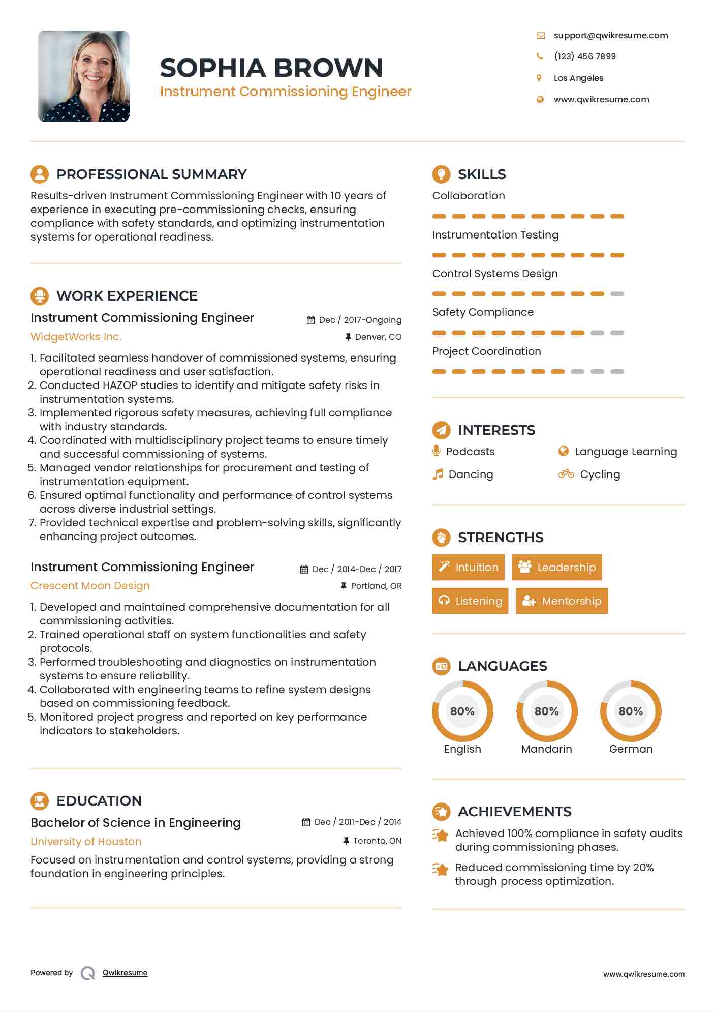 Instrument Commissioning Engineer Resume Example