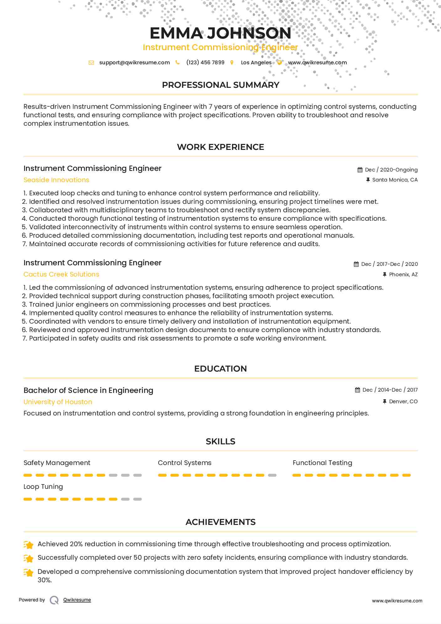 Instrument Commissioning Engineer Resume Example