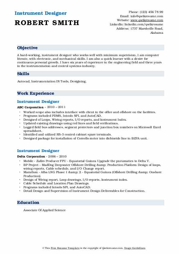 Instrument Designer Resume Samples QwikResume