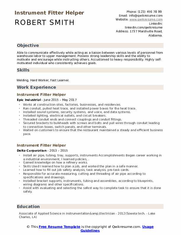 Instrument Fitter Helper Resume Samples QwikResume