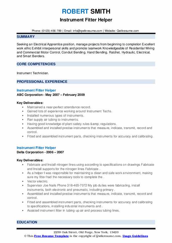 Instrument Fitter Helper Resume Samples QwikResume