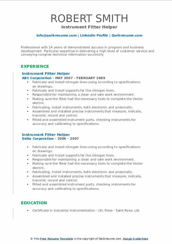 Instrument Fitter Helper Resume Samples QwikResume