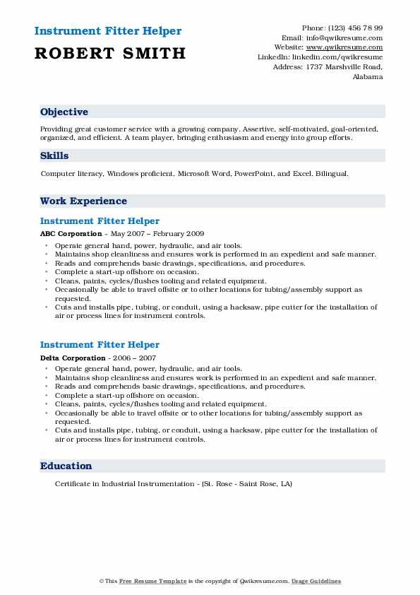 Instrument Fitter Helper Resume Samples QwikResume