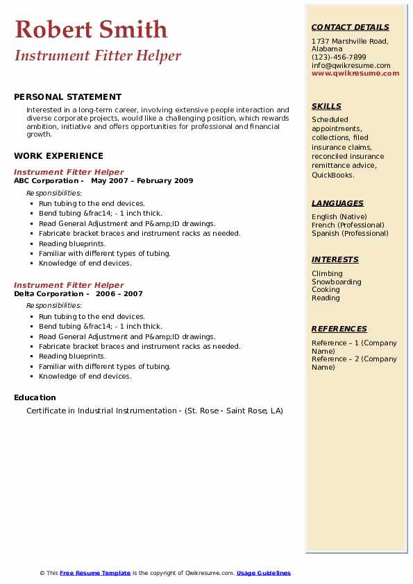 Instrument Fitter Helper Resume Samples QwikResume