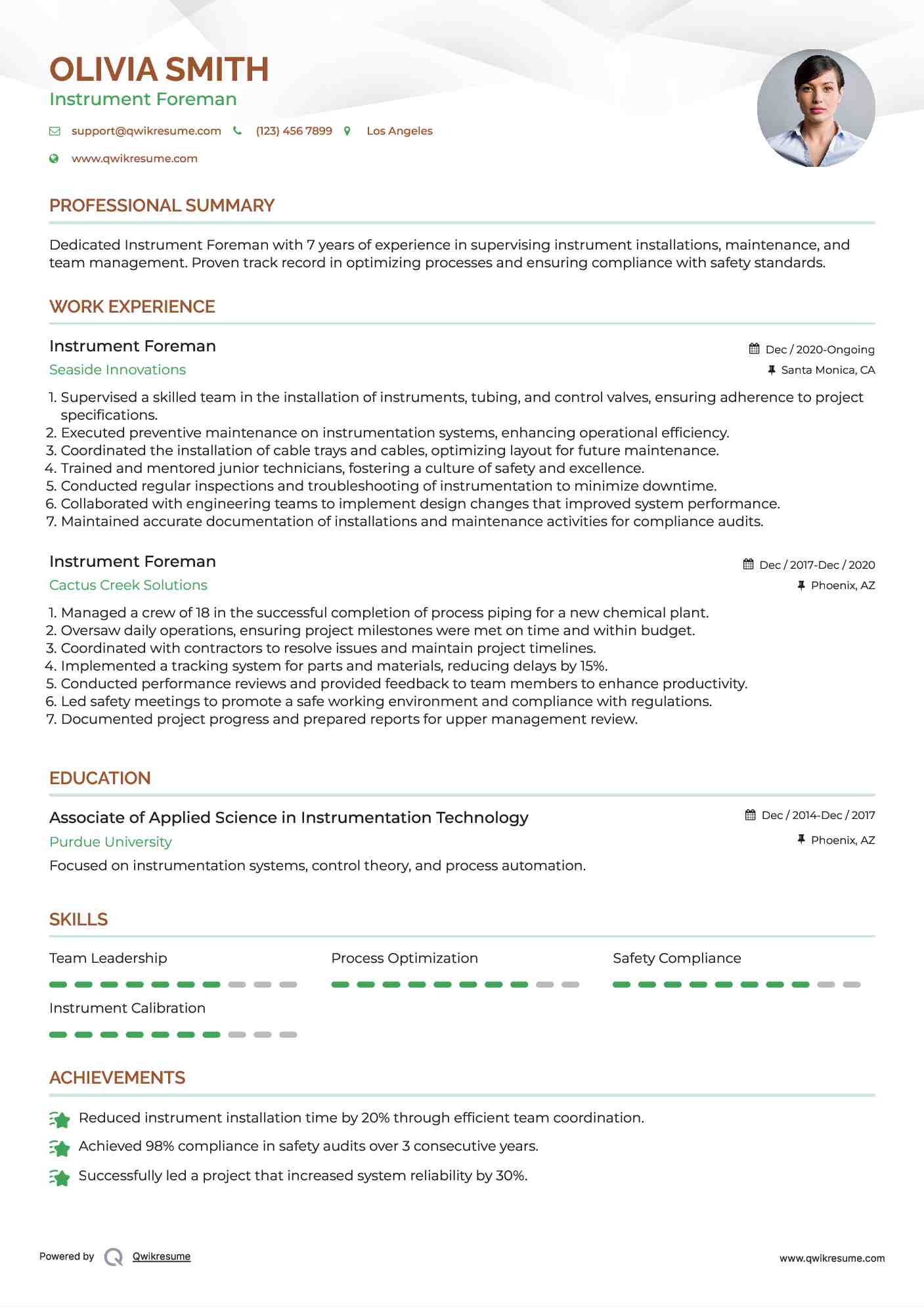 Instrument Foreman Resume Sample